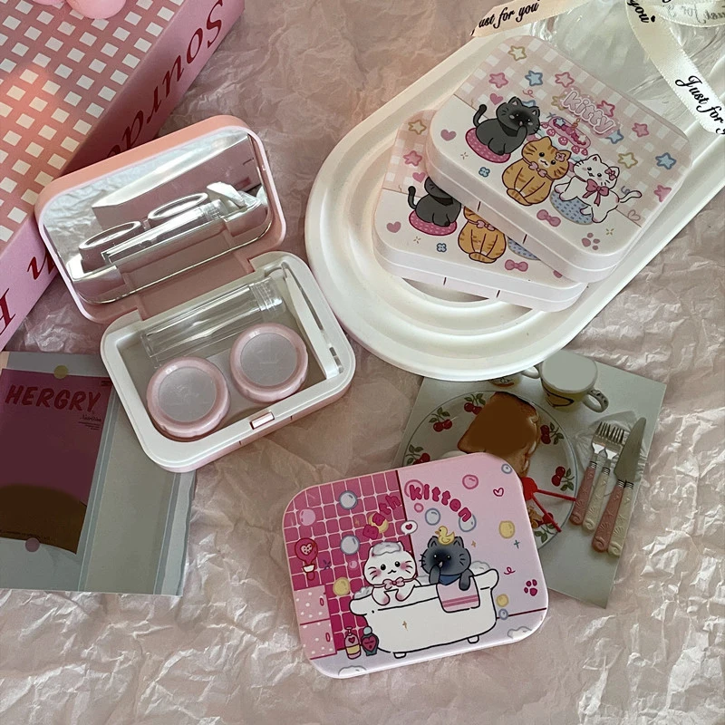 Étui à lentilles de contact portable pour filles, boîte à lentilles de contact de dessin animé mignon, conteneur de stockage pour élèves de beauté, ensemble de voyage