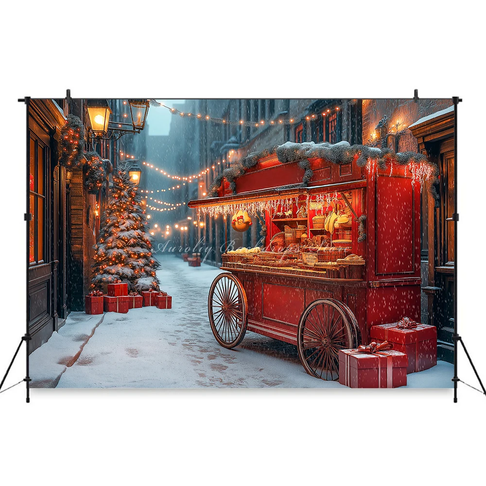 Fond de chariot de nourriture de Noël, adulte, famille, accessoire de photographie, enfant, bébé, décor de rue, paysage de neige, magasin de ville, toile de fond de studio photo