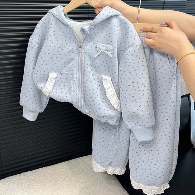 

Girls Suit 2025 Autumn New Childrens Clothing Korean Style Girl Baby Flower Sports Hoodie Trousers Two-piece Casual Simple Daily