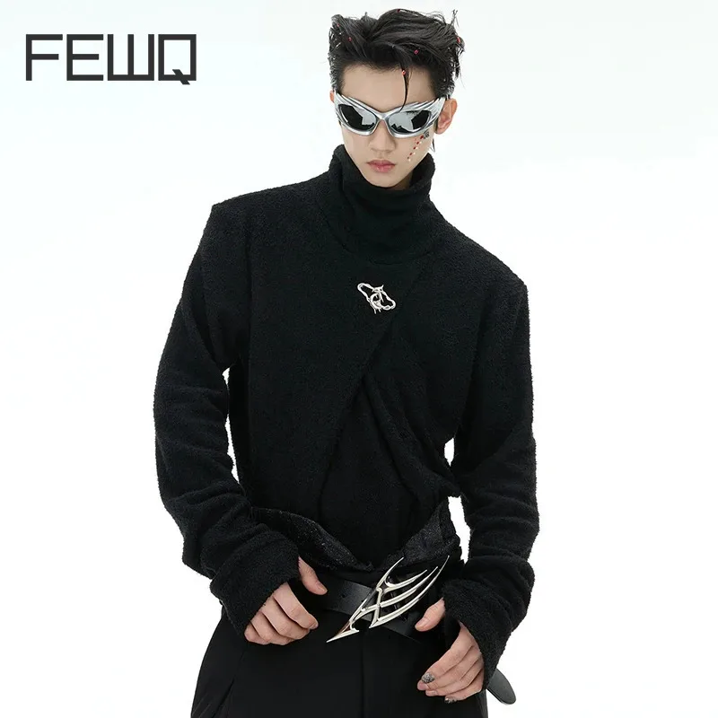 FEWQ Metal Design Men's Tees Turtleneck Shoulder Padded Solid Color Loose Clothing Long Sleeve Pullover Male T-shirts 24K1309