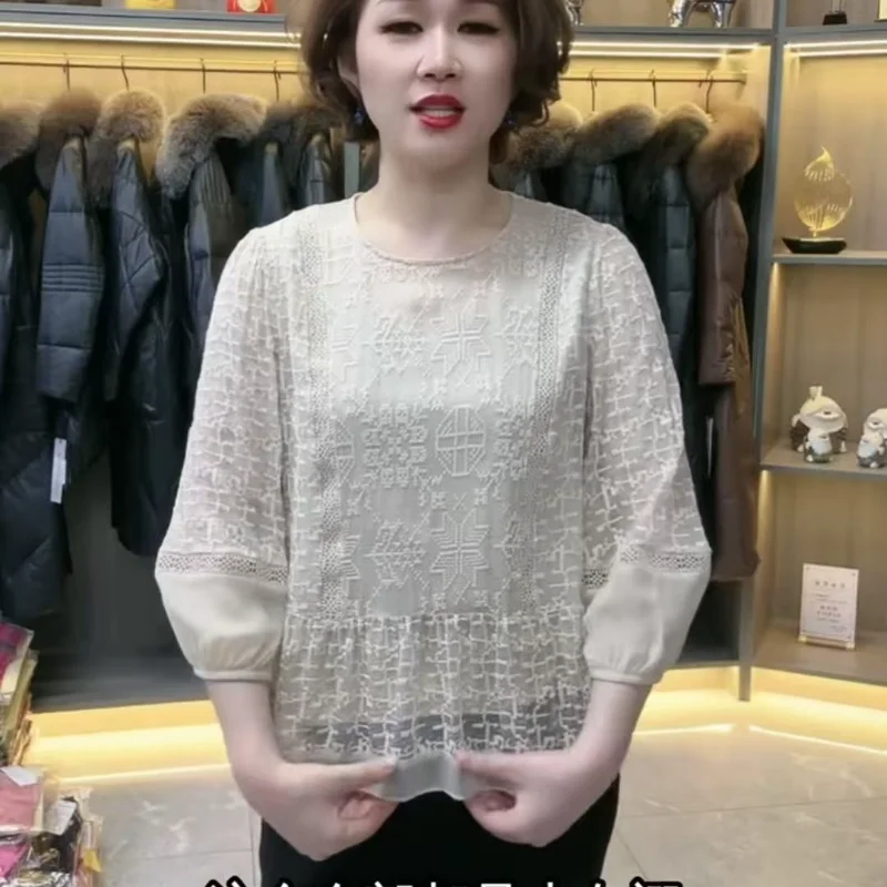 Embroidered Round Neck Loose Slimming 2025 Spring and Autumn New Foreign Three-quarter Sleeve Embroidered Shirt
