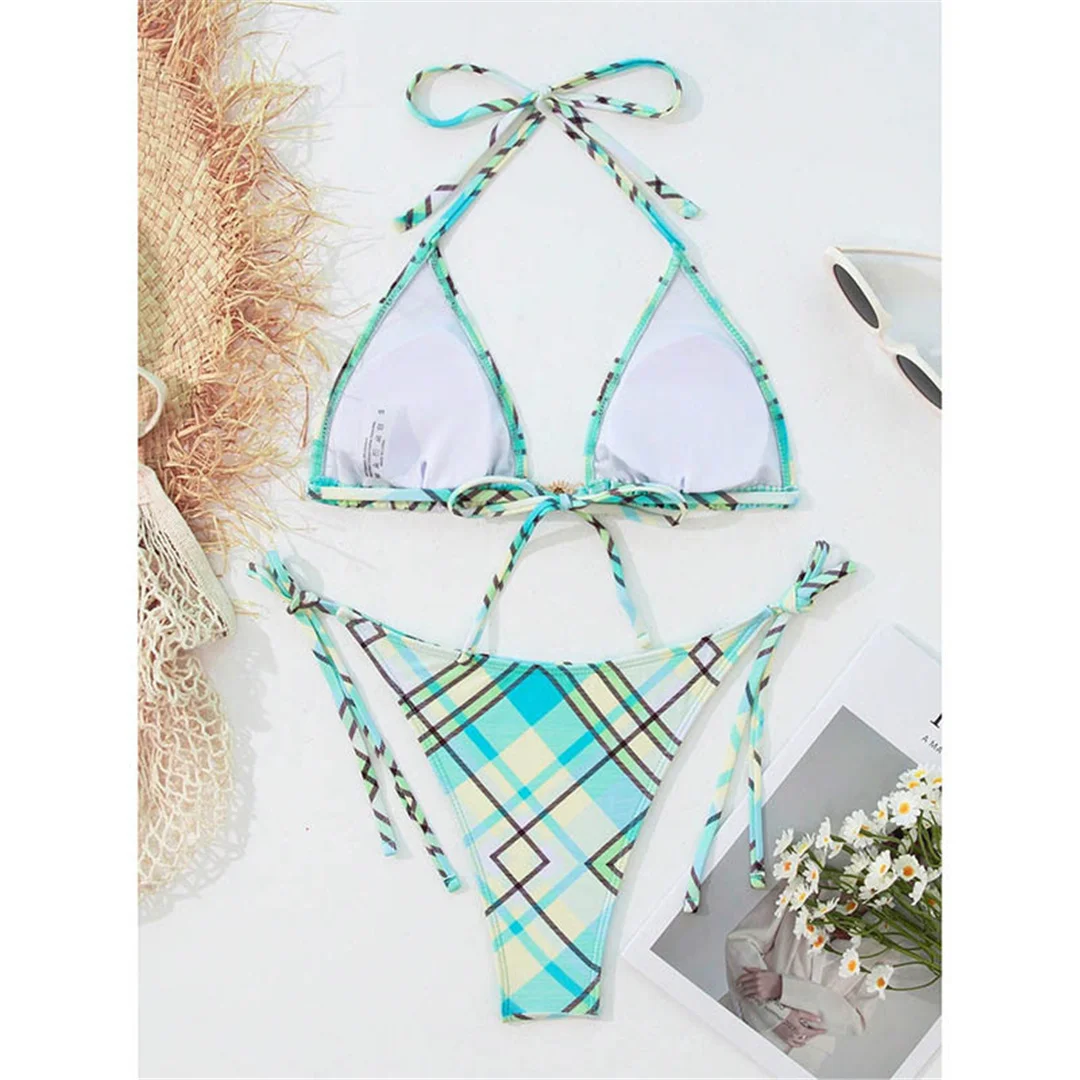 Sexy kariertes Neckholder-Bikini-Badeanzug-Set für Damen, zweiteiliger Badeanzug mit hohem Beinausschnitt und Polsterung, Badebekleidung, Badeanzug, Schwimmanzug V6976 – Detail 8