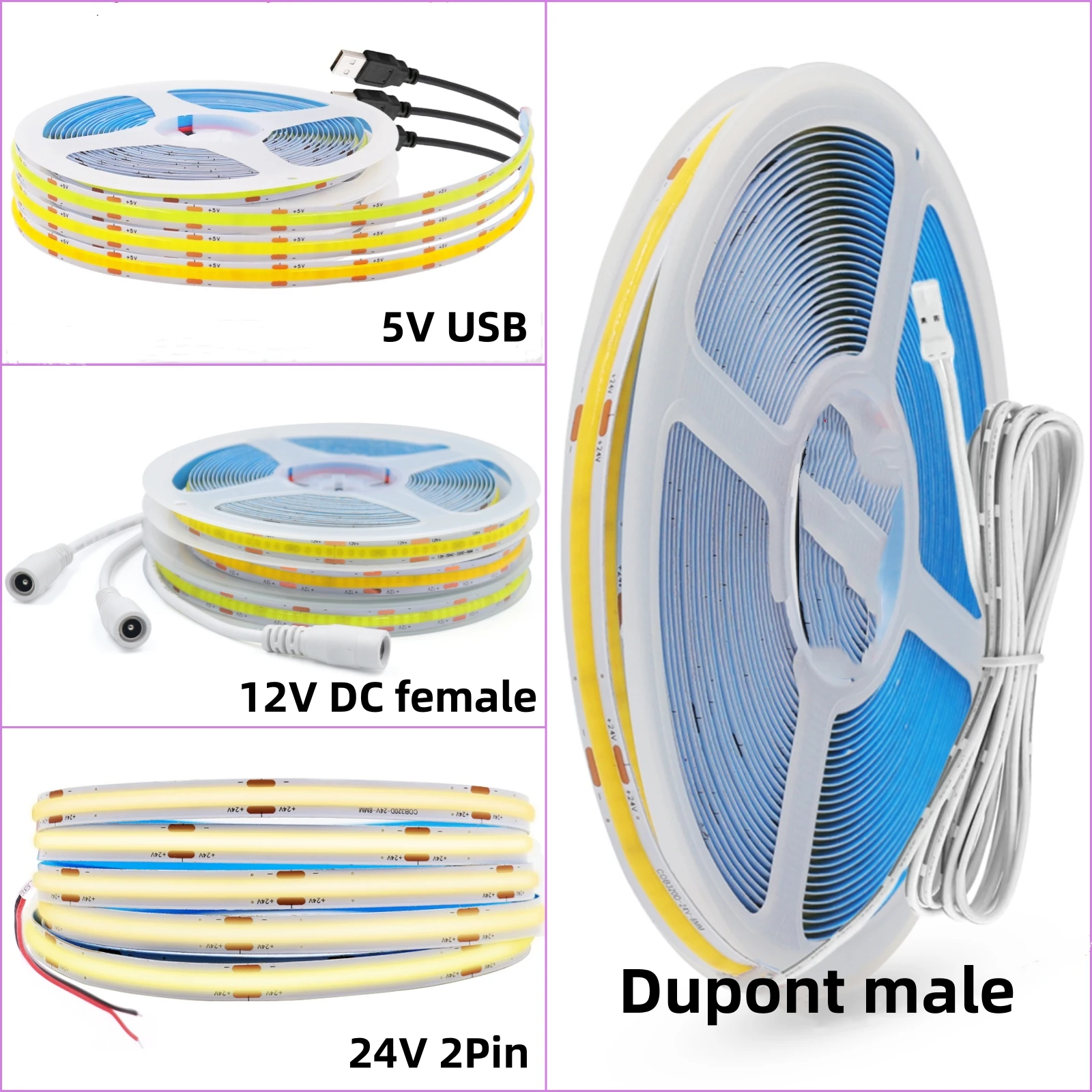 

DC 5V 12V 24V FOB COB LED Light Strip 320LEDs/M High Brightness Flexible Bar Neon Tape Linear Dimmable Ribbon Room Decor