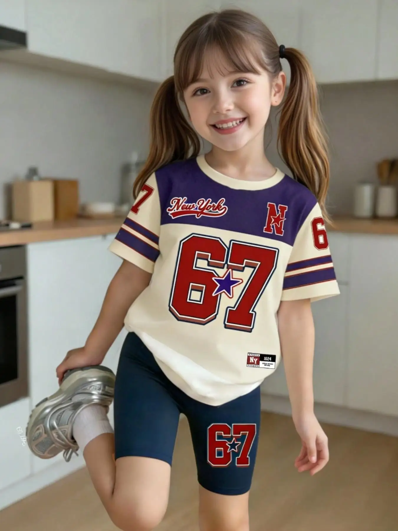 Girls' Summer Casual Outfit Children's New York+67 Digital Print Color-Blocking Girls' Sporty Style Set, Regular Short-Sleeve Top + Tight Shorts Two-Piece Set Suitable for Girls Aged 4-12