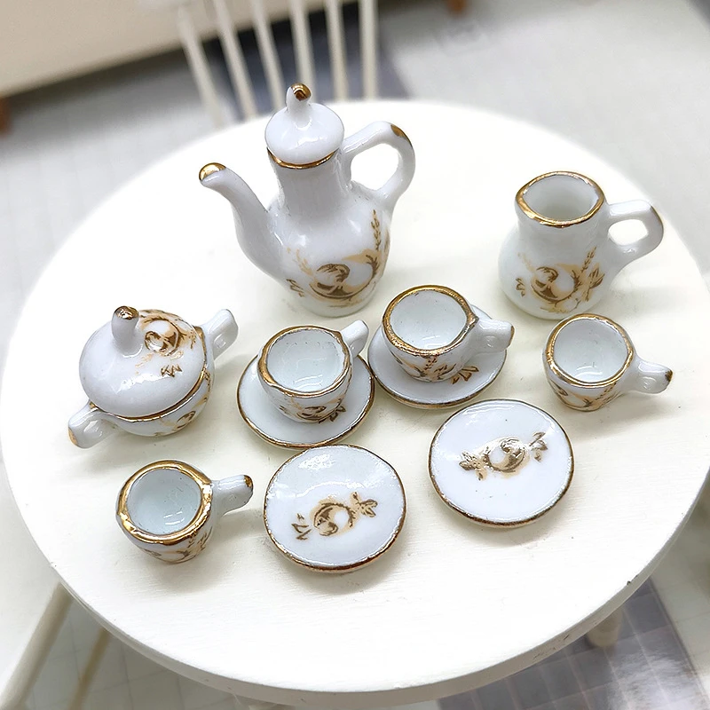 

11Pcs/set 1:12 Dollhouse Miniature Ceramic Brown Rose Teapot Tea Set Wine Set Tableware Mini Tea Cup Wine Glass Model Decor Toy