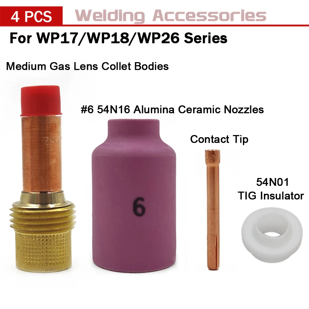 4Pcs TIG Welding Torch 54N16 Ceramics Nozzles TIG Collet Body MEDIUM Gas Lens 1.0/1.6/2.0/2.4/3.2/4.0mm for TIG WP17 WP18 WP26