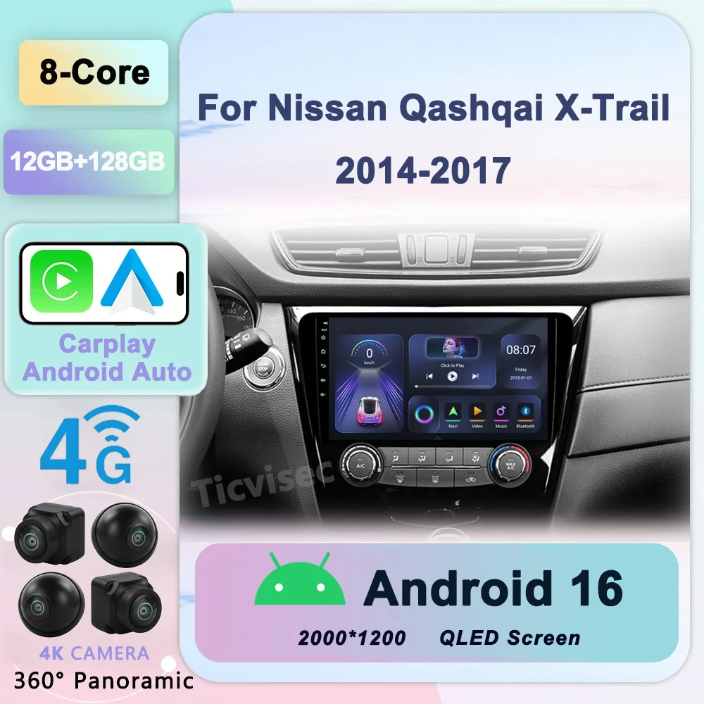 

Android 16 For Nissan X-Trail Qashqai 2 J1T32 Qashqai J10 J11 2014 2015 2016 2017 2018 2019 GPS CARPLAY Car radio Dual lens