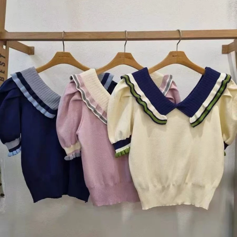 

2025 Summer Women's Knit T-shirt Short Sleeve Elegant Fashion Turn Down Collar Pullover Knitwear Tops Casual Tees Female Clothes