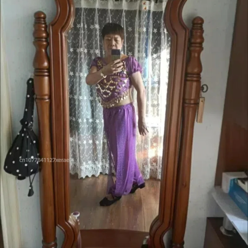 New Belly Dance Costume Indian Dance Stage Performance Belly Dance Set Sparkling Top Short Sleeve Long Dance Stage Costume
