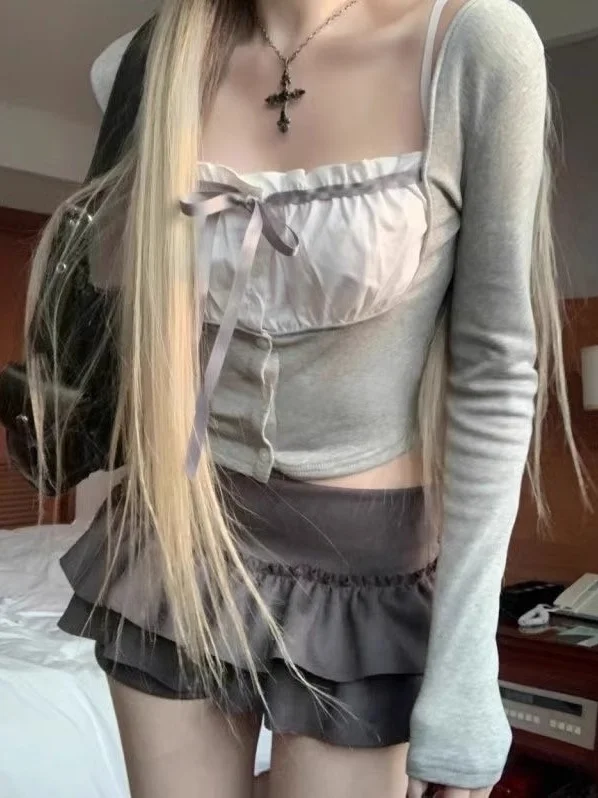 

Slim Fit Long Sve Square Collar Patchwork Knot ort irt Commute Sle Korean Version Fro Women's Top