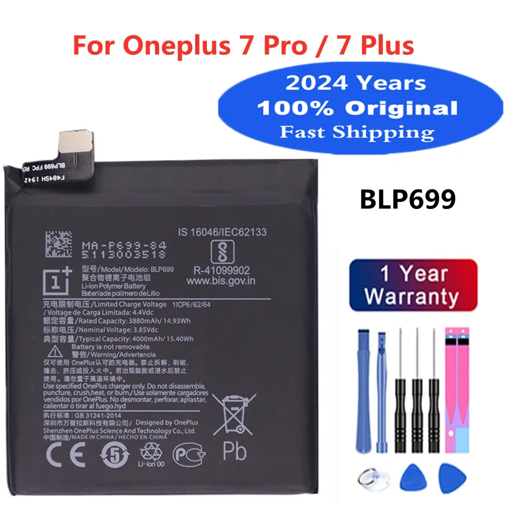 

2024 Years 100% Original One plus Battery BLP699 For 1+ OnePlus 7Pro 7Plus 7 Pro / 7 Plus 4000mAh Phone Bateria Batteries +Tools