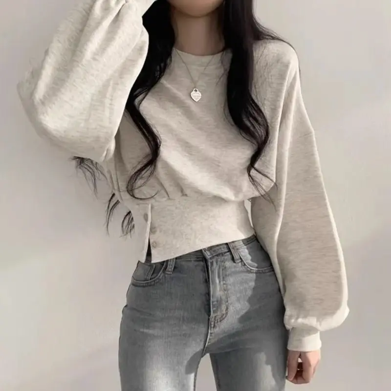 Korean Chic Spring Autumn New Long Sleeve Loose Button Short T Shirts Solid Loose Youth Casual Tops Fashion Trend Women Clothing