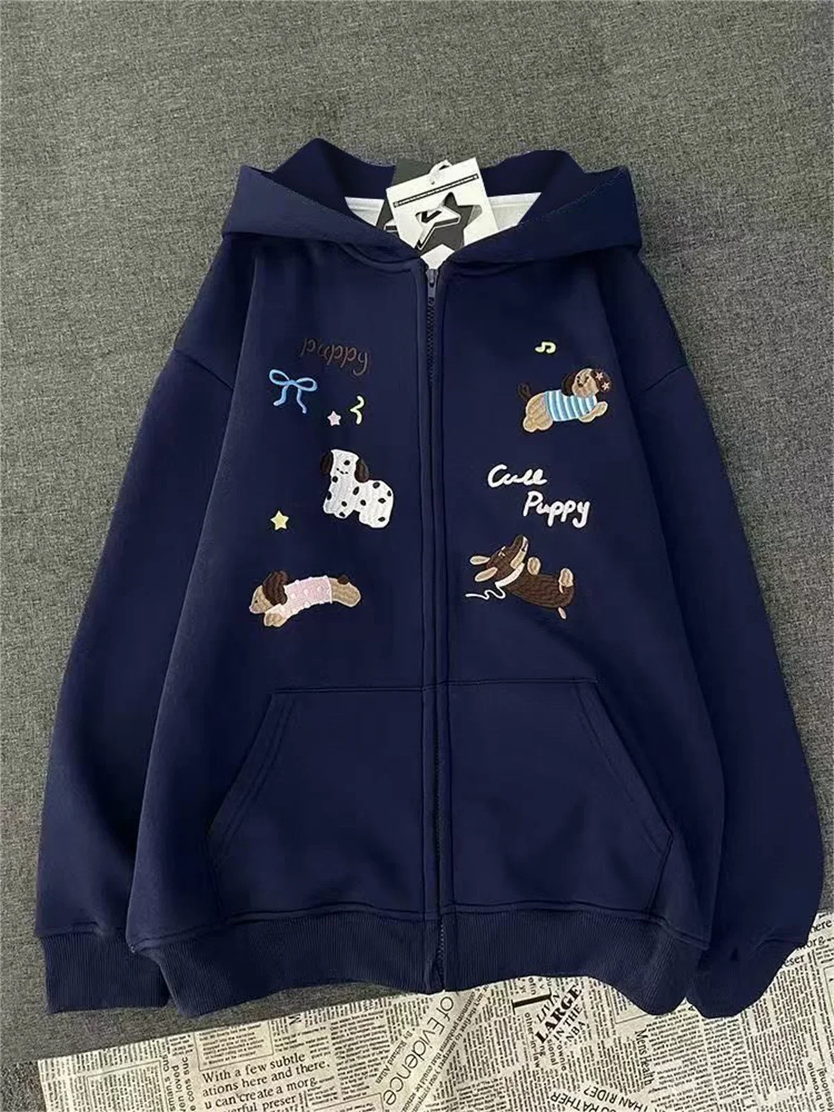 봄과 가을용 얇은 패션 트렌드 캐주얼 윈드 2025 신상 귀여운 소녀 강아지 프린트 포켓 후드 탑 긴팔