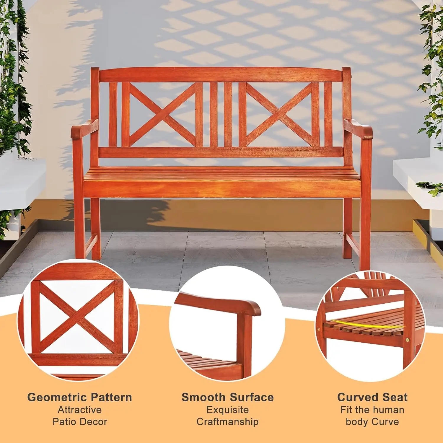 Wooden Garden Bench, Outdoor Wood Patio Bench, Rustic 2-Person Loveseat Chair w/Armrest for Porch Poolside Park Backyard Balcony