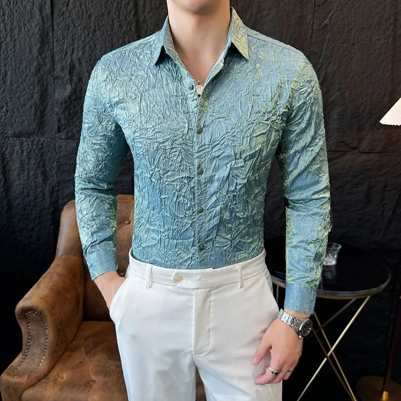 

Men's Shirts Folding Process Long Sleeve Elegant Social Shirt For Men Clothing All Match Slim Fit Casual Blouse Homme JJ153