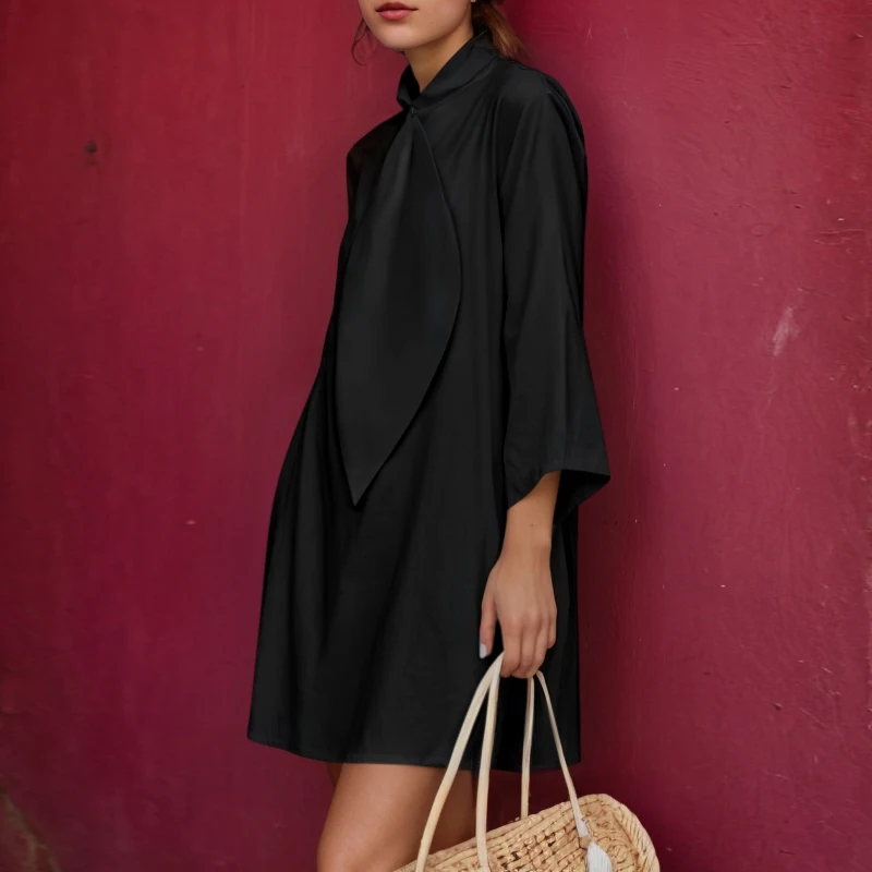 فستان نسائي أسود فضفاض من القطن 100% لخريف 2025 قميص قصير أنيق جديد بسيط أنيق بياقة واقفة وأكمام طويلة فساتين للمرأة