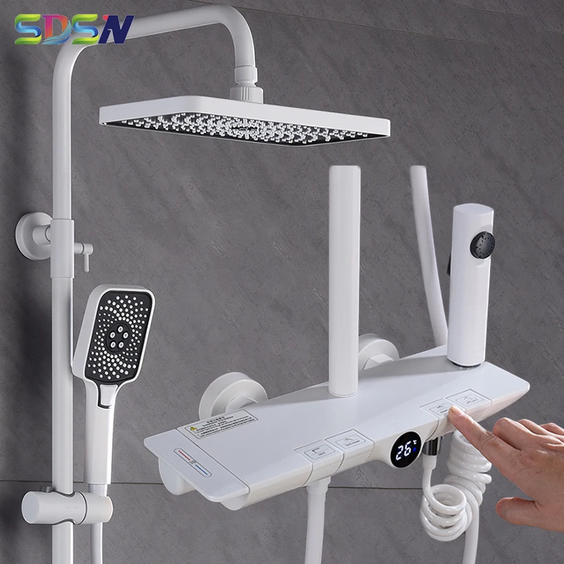 

White Digital Shower Faucets Wall Mounted Brass Thermostatic Bathroom Shower System Panel Grey Piano Digital Bath Shower Set