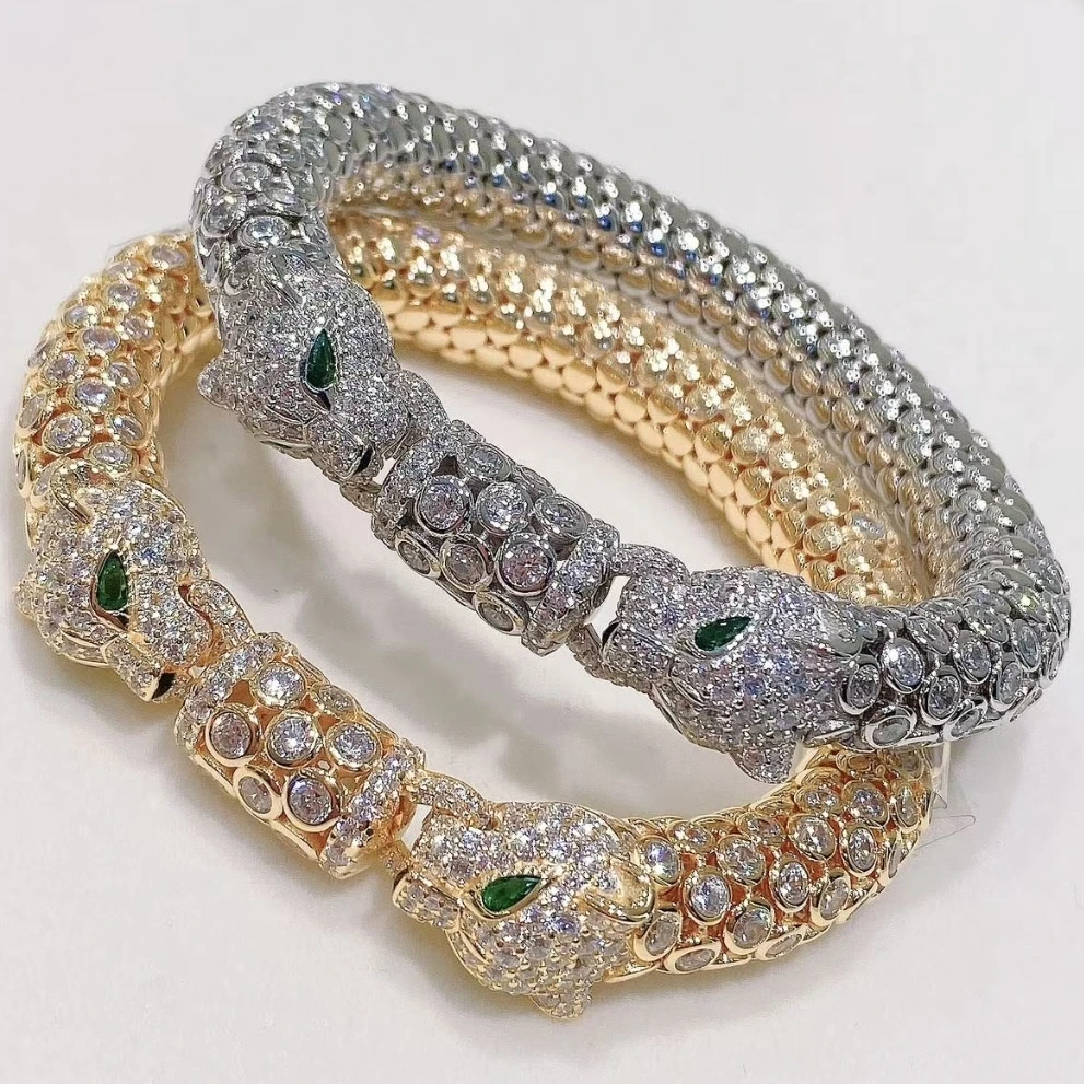 New Italian Craft 925 Sterling Silver Lab Emerald Green Eyes Double Leopard Bangle Bracelets For Women Fine Panther Jewelry