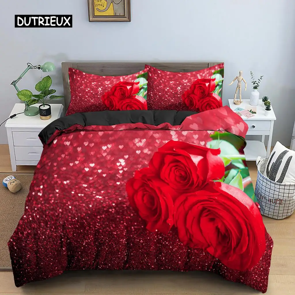 Floral Duvet Cover Set Full Size Bedding Set Polyester Luxury 3D Red Rose Comforter Cover Romantic Quilt Cover 2/3pcs for Couple