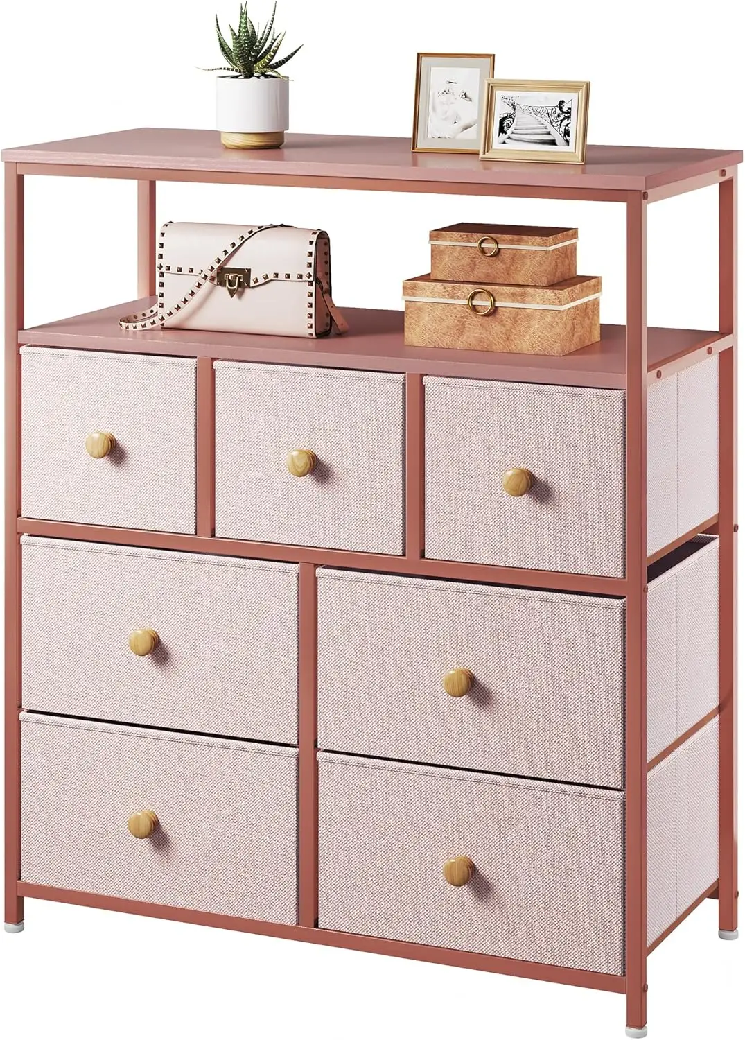 Pink Dresser, Dresser for Bedroom with 7 Drawers and Open Shelves, Chests of Drawers & Fabric Dresser for Bedroom