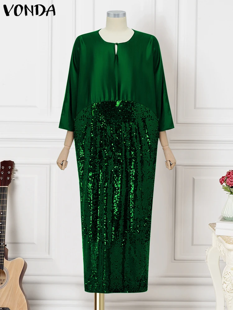 

Женское винтажное платье больших размеров, лоскутный длинный сарафан VONDA 2025, модный повседневный свободный халат, элегантное платье с рукавами «летучая мышь» 3/4, Vestidos