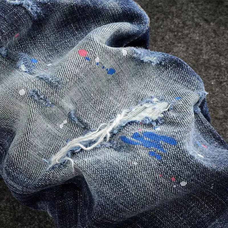 y2k fashion new men's jeans painted red patch elastic slim fit nostalgic blue jeans high street hip-hop brand pants hombre