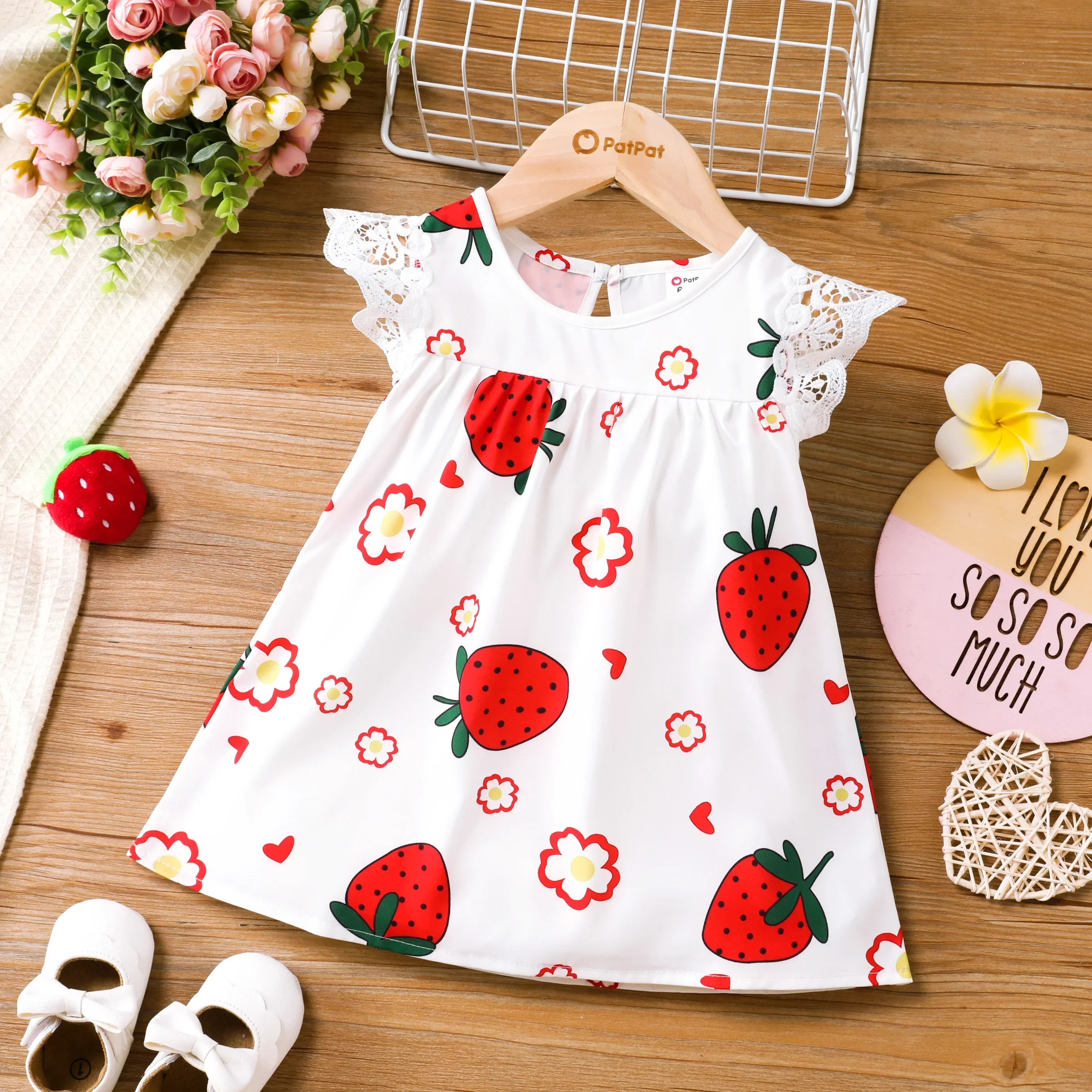 PatPat Sweet Strawberry Lace Dress for Baby Girls Suitable for Summer Season Soft and Comfortable Perfect for Outings