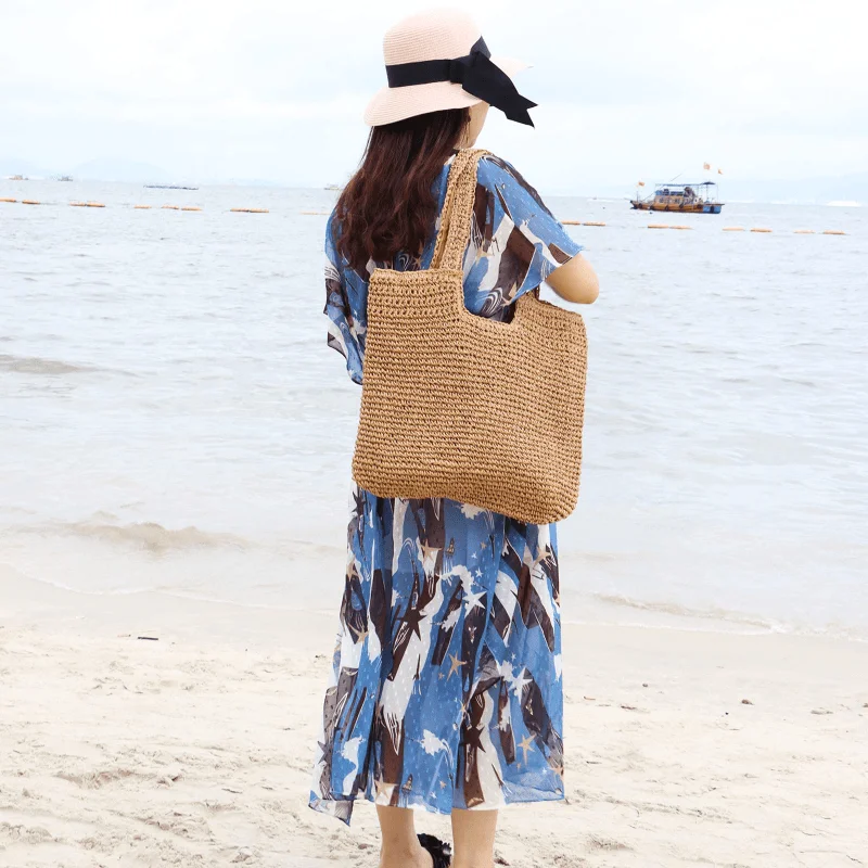 

Large Capacity Woven Tote Bag, Simple Casual Solid Color Shoulder Bag, Perfect Beach Vacation Handbag