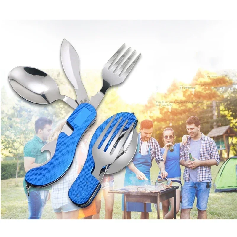 Tablespoon Set 4 In 1 Foldable Spoon Knife fork bottle opener Stainless Steel Folding Pocket Kits Outdoor Tableware Set