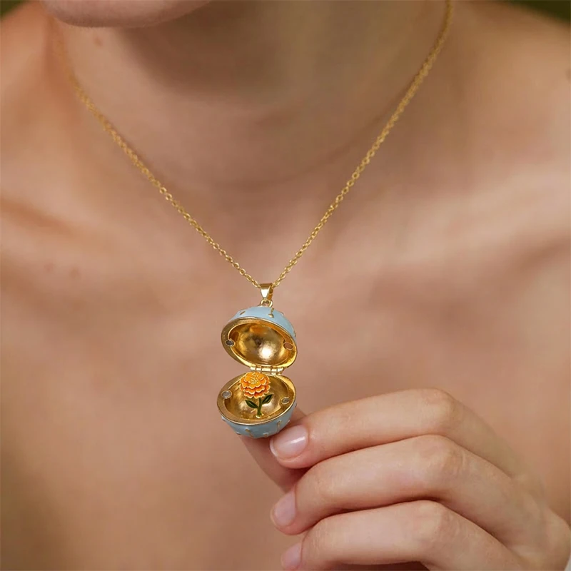Month Vintage Openable Egg Locket Necklace Daffodil Flower Pendant Copper Delicate Jewelry Elegant Gift For Women MOM Necklace