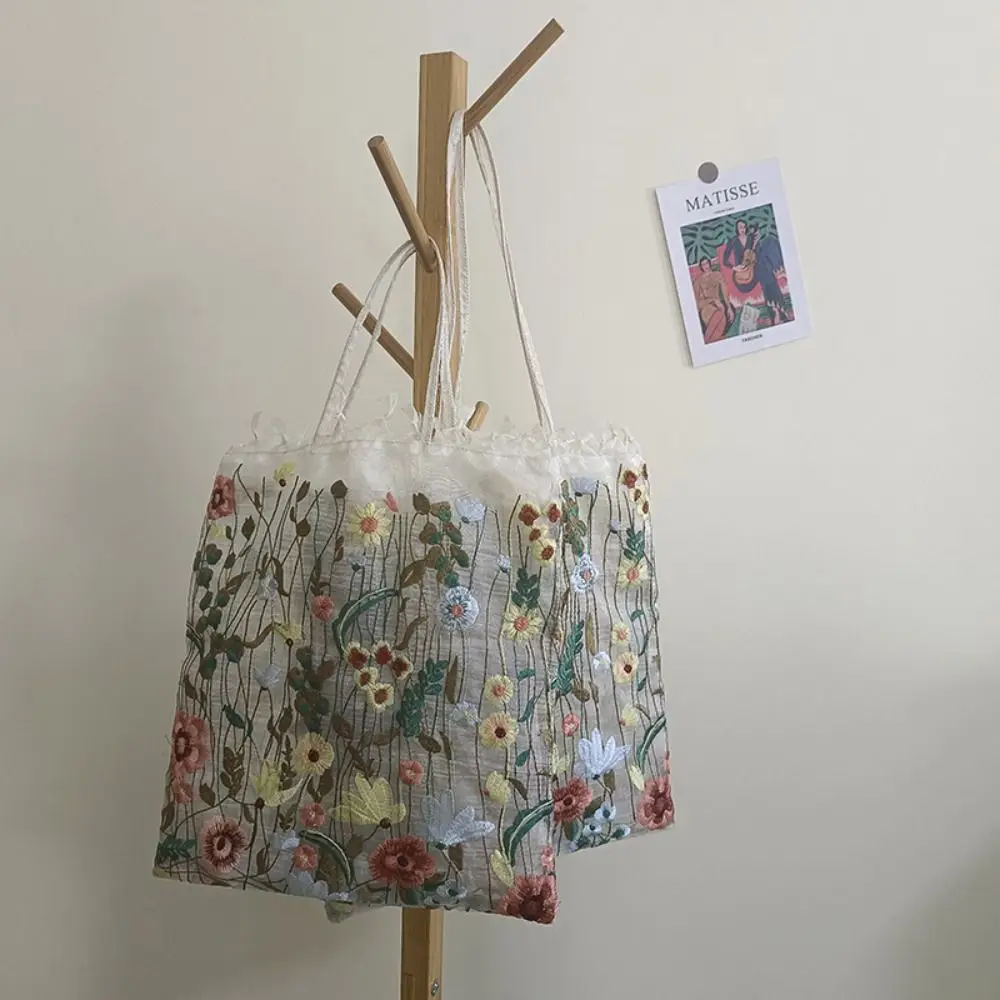 

Trendy Camellia Flower Embroidery Cloth Bag Lace Large Capacity Canvas Shoulder Bag Handbag Storage Bag Ethnic Style Bag Girls