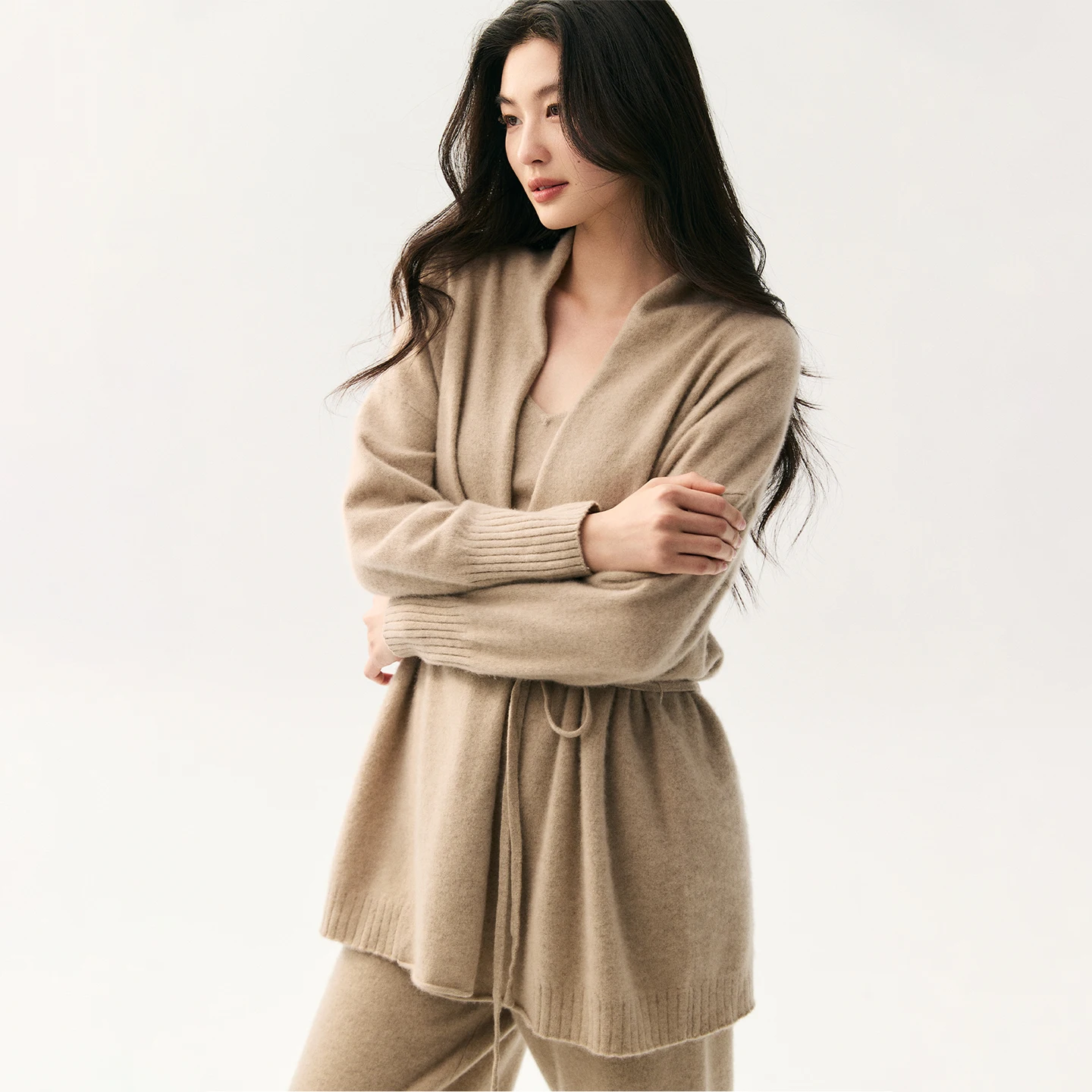 CHICUU Women 100% Cashmere Cardigan Vest Pants Suit High Quality Cardigan Sweater Wide Leg Pants V-neck Vest Knitwear Autumn view 6