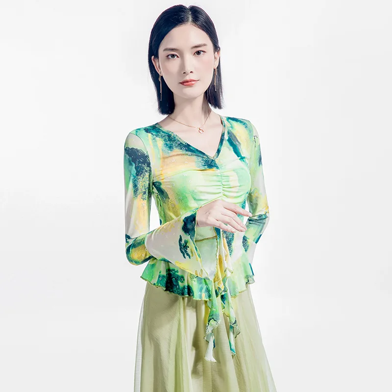 MadBlack-Women's European T-Shirt, Sexy V Neck Print Ruffles, Retro Flying Sleeve Dance Yoga Slim Mesh Tee, 2025 Spring T53823CC