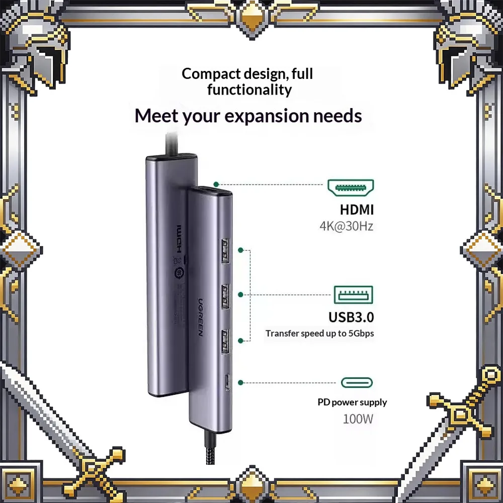 UGREEN CM511 15596 Revodok 5 in 1 USB C Hub 4K HDMI 100W PD 3 USB 3.0 Multiport Adapter for MacBook iPad Laptop