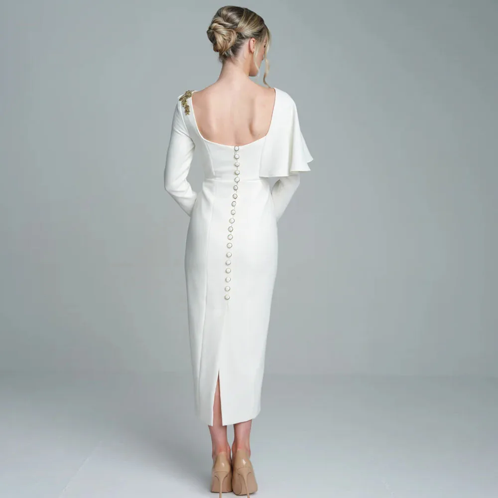 Personalizado assimétrico decote chá comprimento vestidos de baile manga cheia formal vestido de festa à noite ouro frisado vestido de convidado de casamento