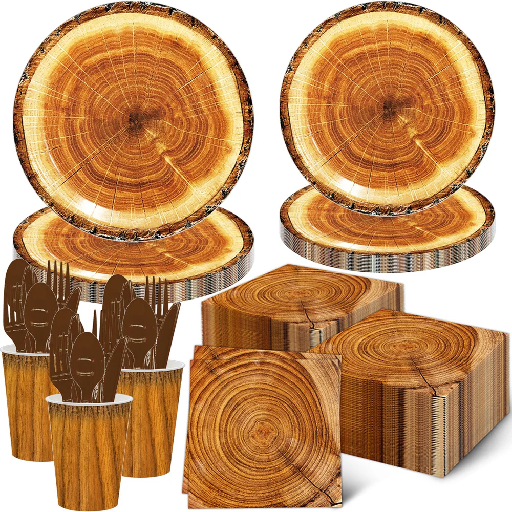 Rustic Wood Party Decorations Tableware Paper Plates Cups Nakpins Lumberjack Camping Cutlery Hunting Birthday Party Decorations