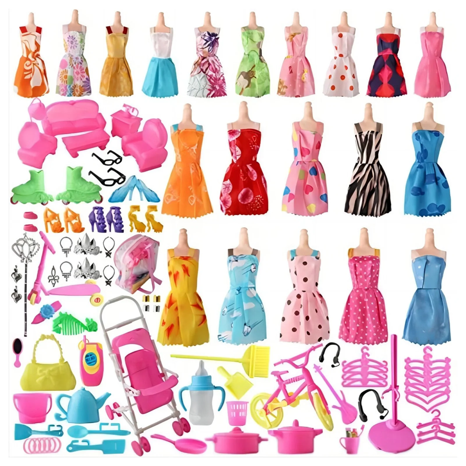 125 Items/Set Doll Accessories 20 Mix Fashion Cute Dress 105Pcs Necklaces Earrings Handbag Shoes Dress Clothes For Barbie Doll