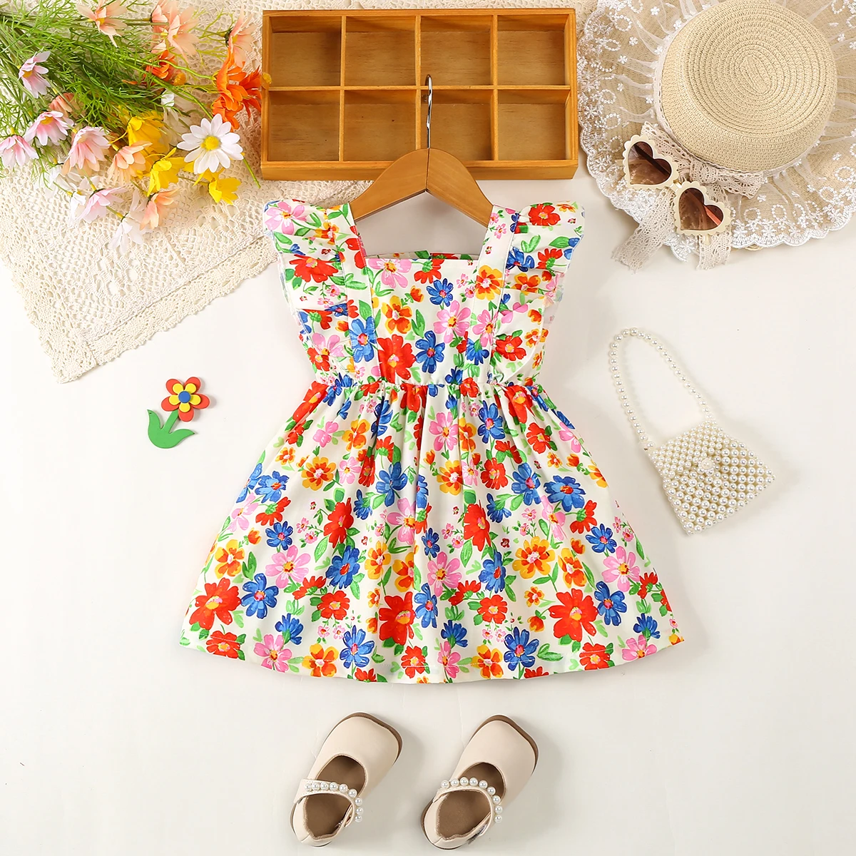 

Baby girl, baby, casual and cute, printed with flowers, ruffled edges, pleated sleeveless vest dress, summer