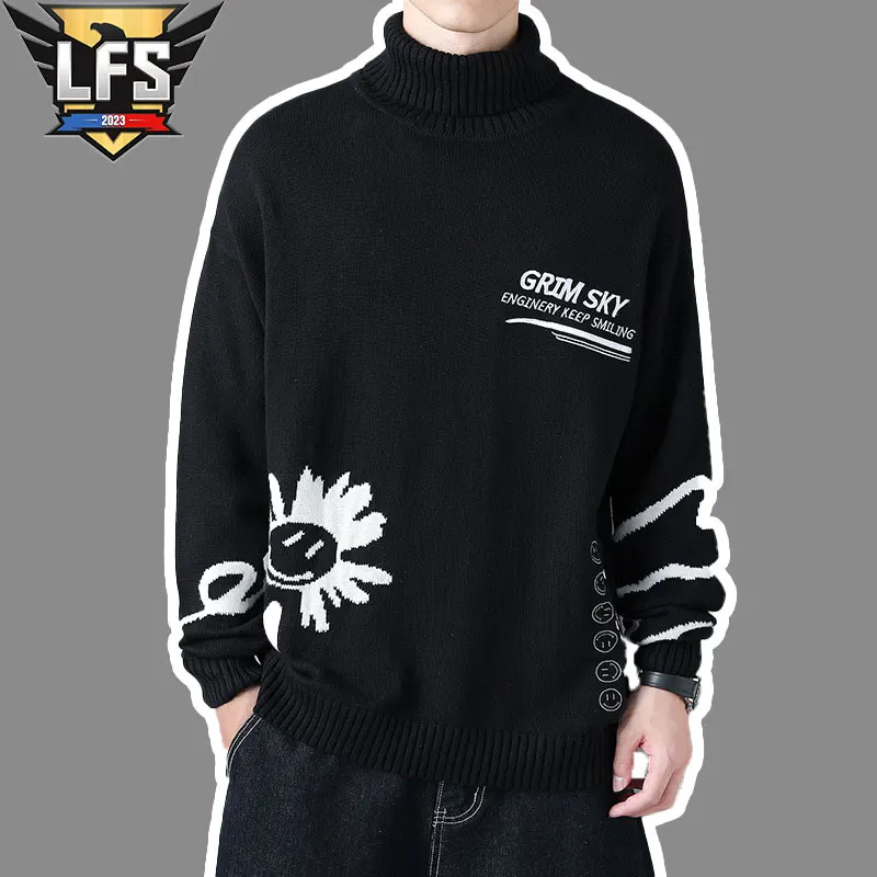 

High Neck Sweater Men's Autumn And Winter Fashion Brand Computer Knitted Smiley Face Long Sleeve Sweater Sweatshirt Fashion 2023