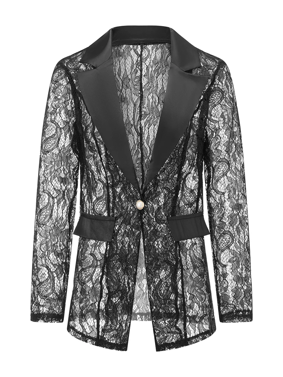 

Женский модный пиджак с цветочной кружевной сеткой, элегантный пиджак с лацканами на одной пуговице и длинными рукавами
