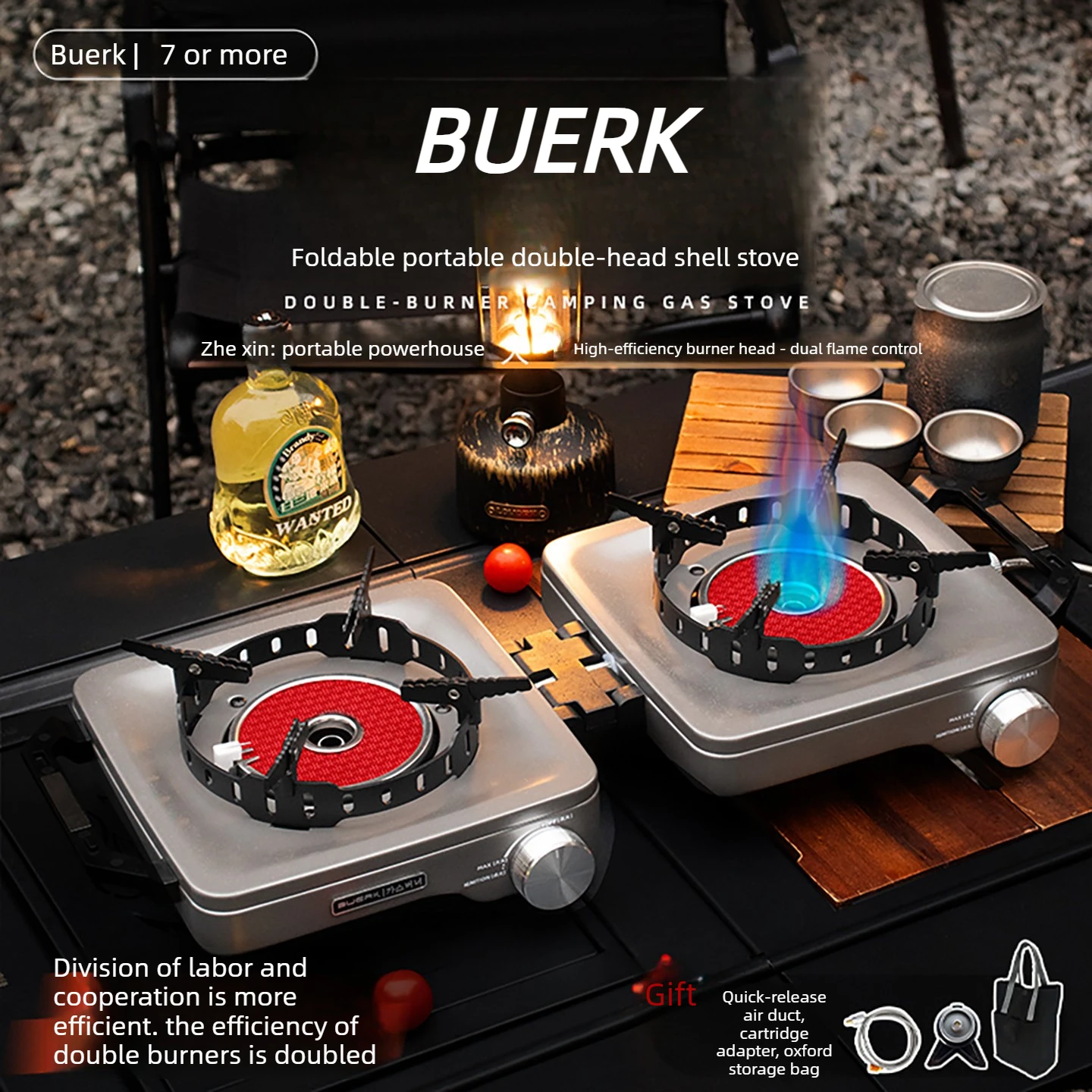 Réchaud de camping BUERK, réchaud à gaz portable, double brûleur, réchaud infrarouge pliable, ensemble de cuisson pour barbecue en plein air