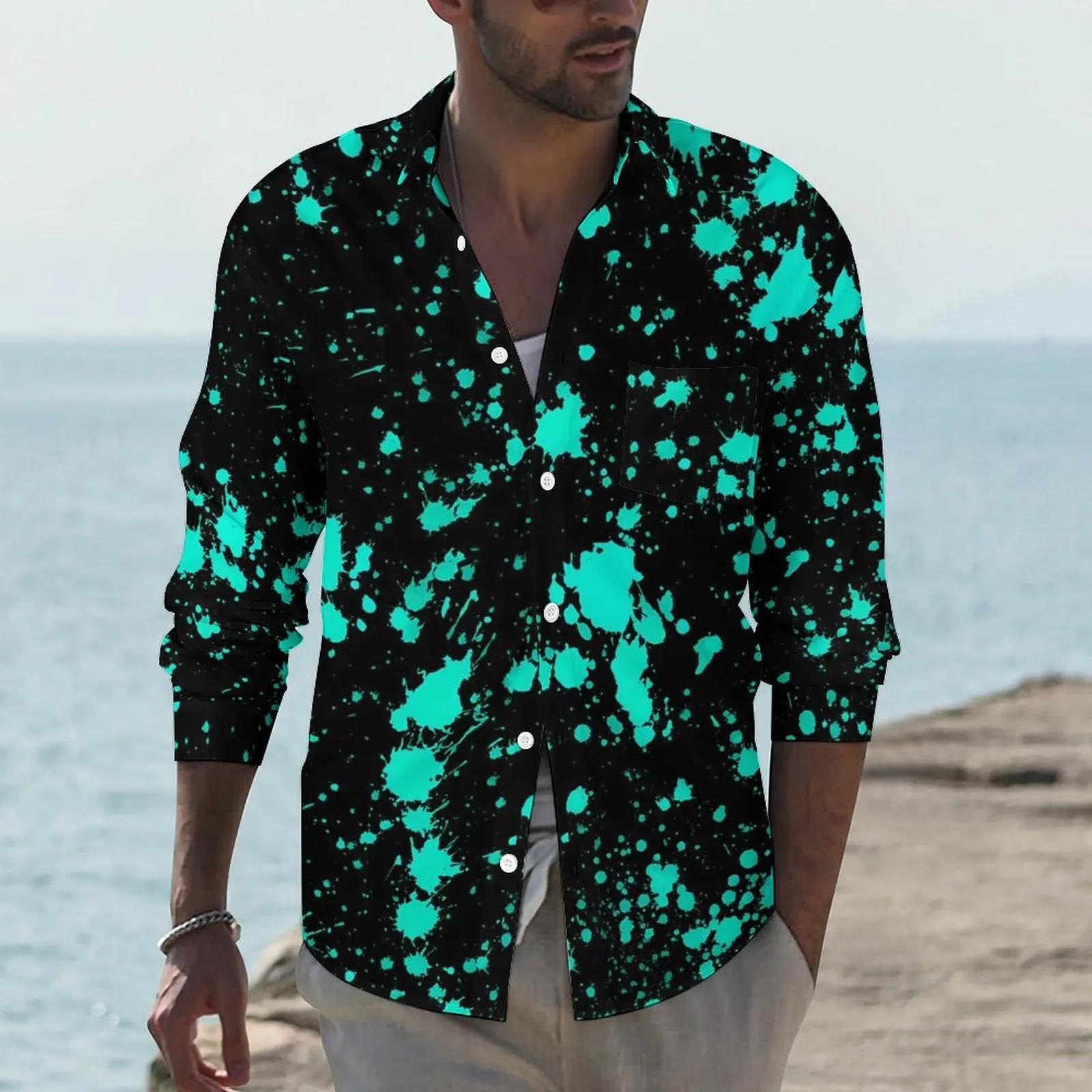 

Paint Splatter Artistic Shirt Male Blue And Black Casual Shirts Spring Stylish Print Blouses Long Sleeve Loose Oversized Clothes