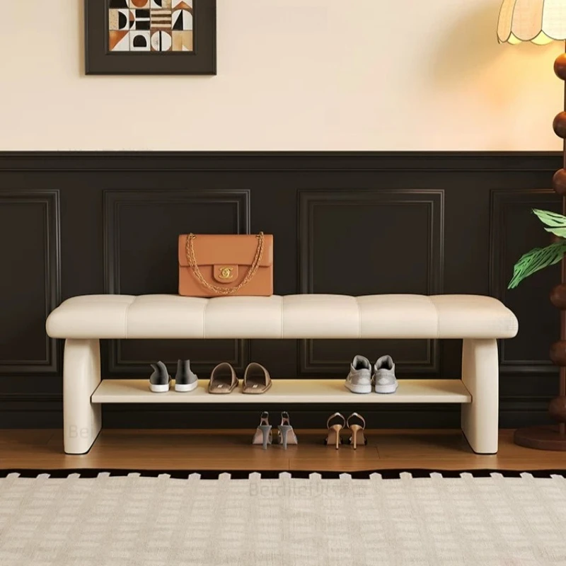 Light Luxury Leather Entryway Shoe Bench Double Tier Open Storage Foot Stool with Motion Sensor Light for Hallway & Front Door