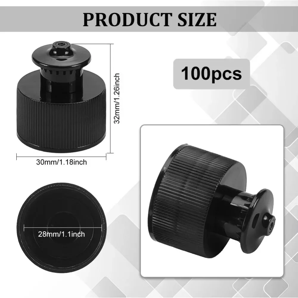 100Pcs 28/410 Black Plastic Push Pull Replacement Caps 28mm Inner Diameter Twisted Sport Bottle Lid Plastic Water Bottle Cap