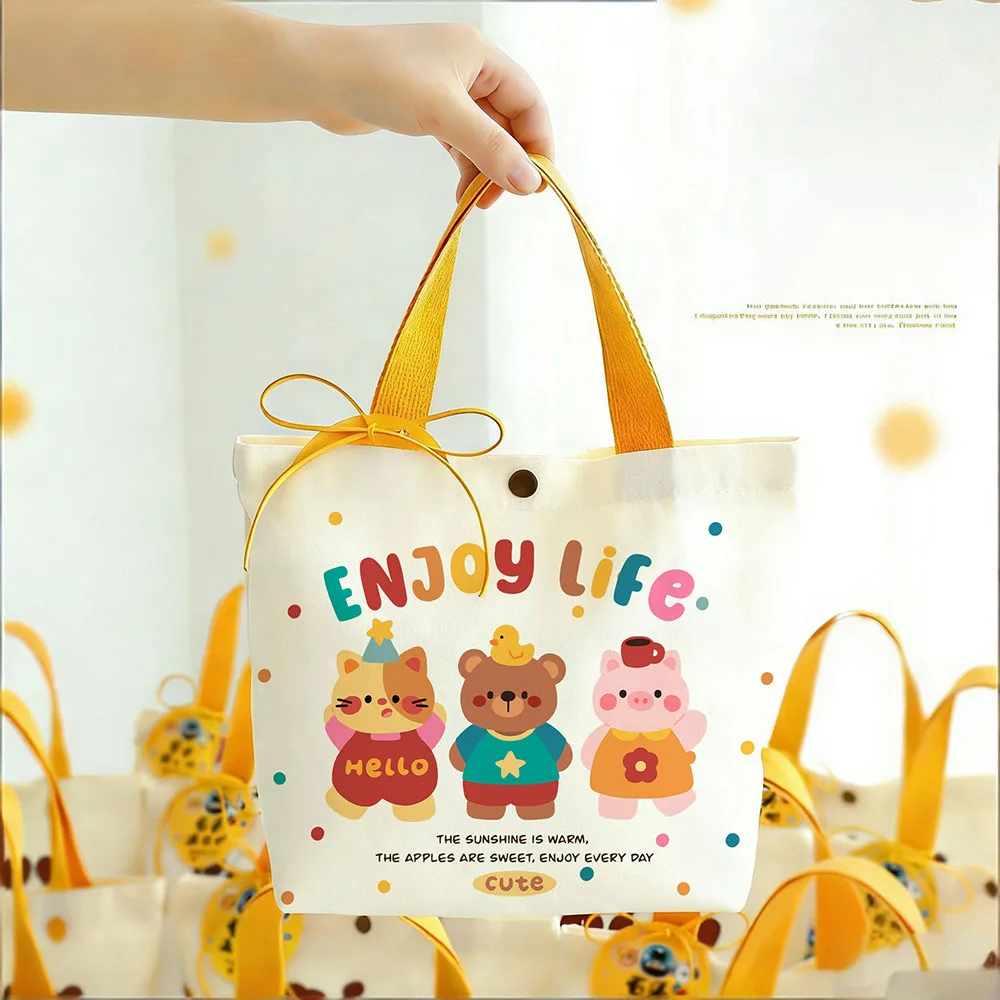 Cute Animal Canvas Lunch Bag Portable Bento Food Container Tote Casual Flower Printed Small Handbag for Work School Picnic