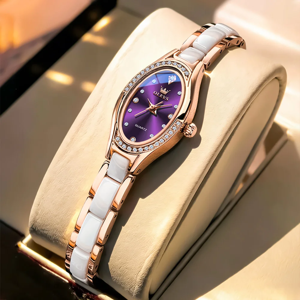 

Изысканные женские часы OLEVS, керамические наручные часы с браслетом, фиолетовые, элегантные, водонепроницаемые, светящиеся, оригинальные женские часы