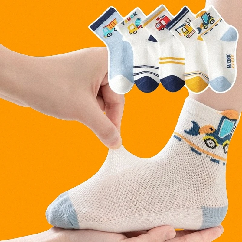 Chaussettes anti-boulochage en maille respirante pour hommes et enfants, série d'impression de dessin animé, chaussettes décontractées, confortables, printemps, été, 5/10 paires