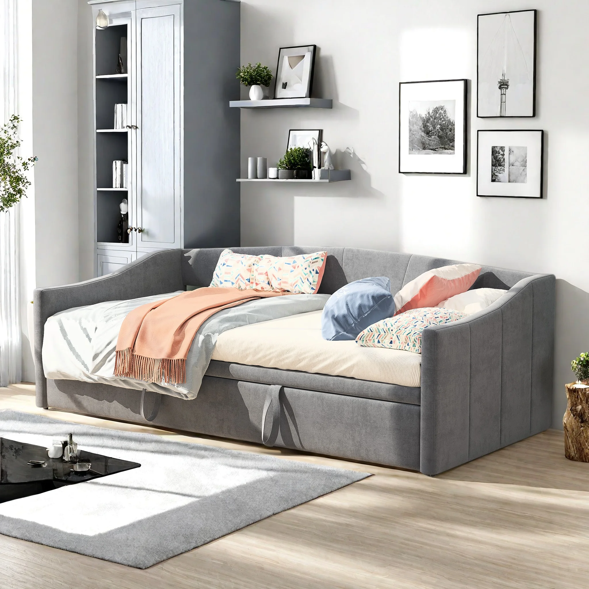 Rosahqnda Canapé-lit plegable 90/180x200 multifuncional 2 en 1,lit simple/doble,revêtement en velvet, sans matelas