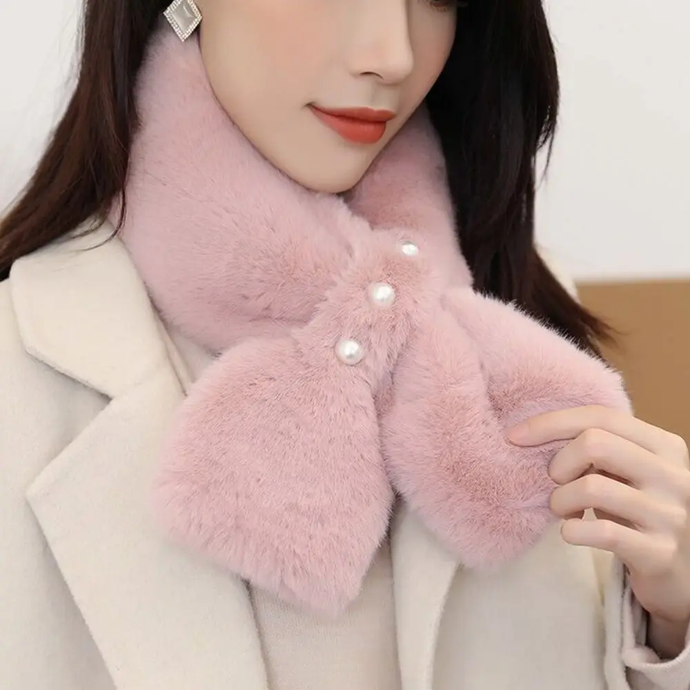 Korean Solid Double Sided Faux Rabbit Fur Thick Plush Shawl Female Winter Oudoor Windproof Pearl Cross Neck Guard Warm Scarf