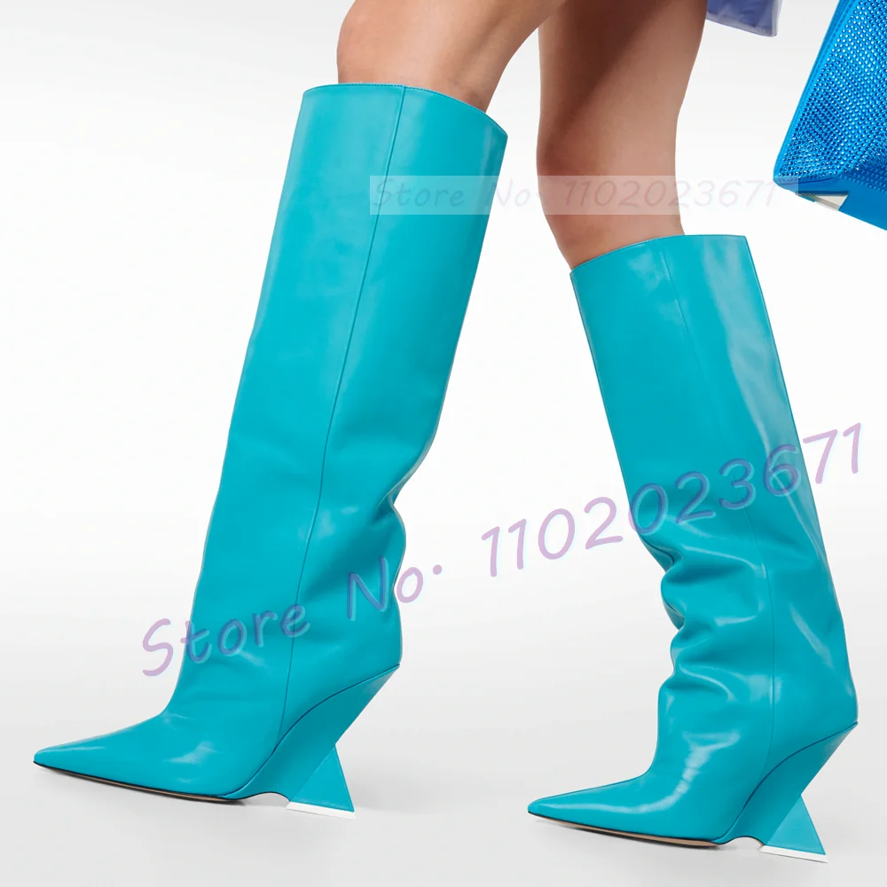 

Blue Fretwork Heel Long Boots Women Pointy Toe Strange Triangle Heel Leather Shoes Female Winter Fashion Catwalk Slip On Boots